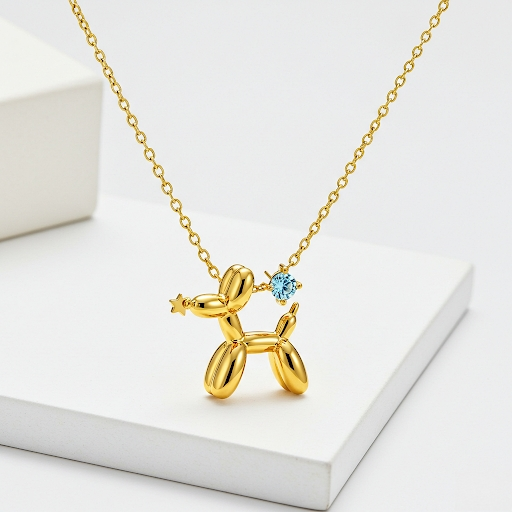 Custom Stainless Steel Balloon Dog Pendant Necklace with Blue Zirconia and Star Charm